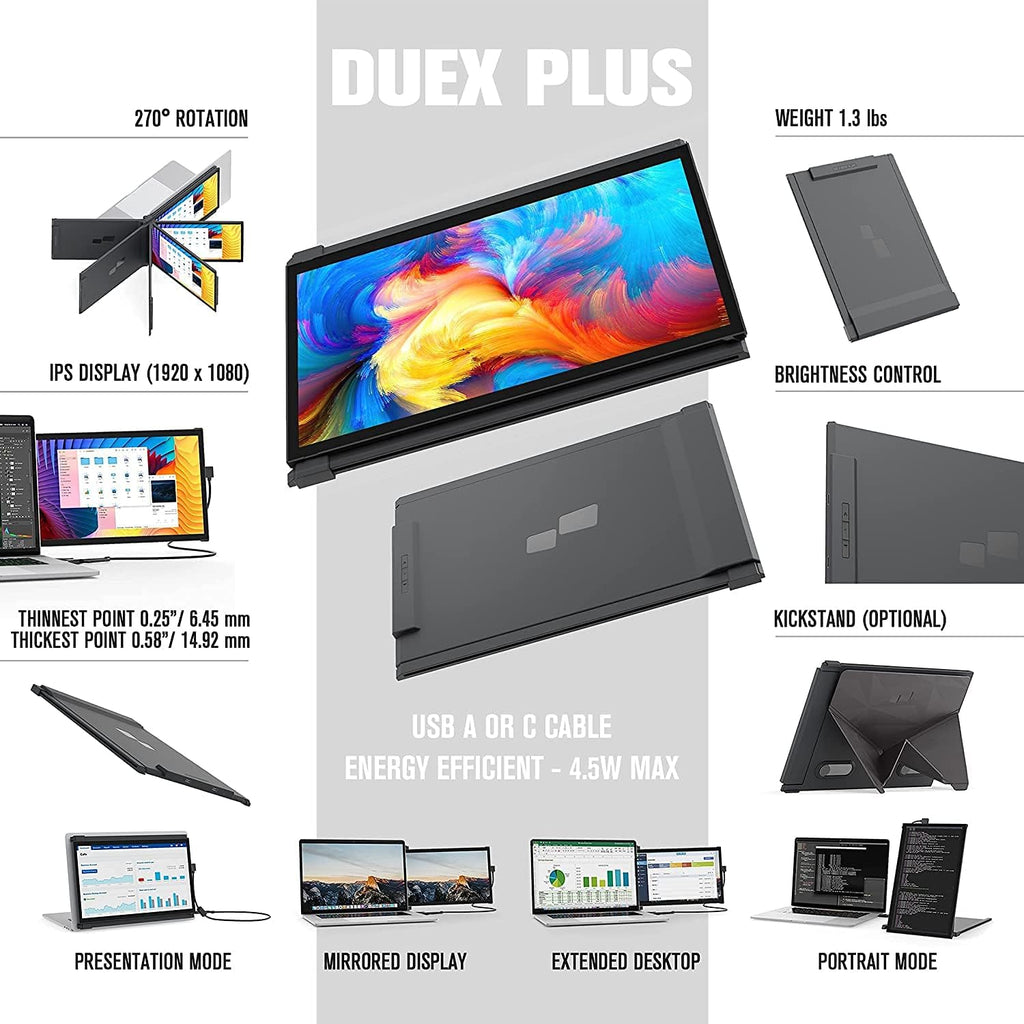 Duex plus Portable Monitor for Laptops, USB C/USB a Plug and Play 13.3" Laptop Screen Extender