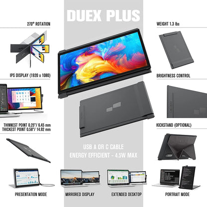Duex plus Portable Monitor for Laptops, USB C/USB a Plug and Play 13.3" Laptop Screen Extender